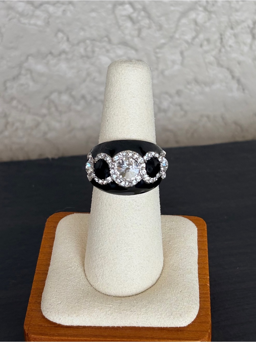 Camille Lucie - Black Enamel Ring with Silver Halo Cubic Zirconia Accents